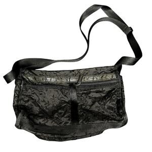 Vintage 90s LeSportSac Black Ivy Floral Vines Embroidered Black Crossbody Purse